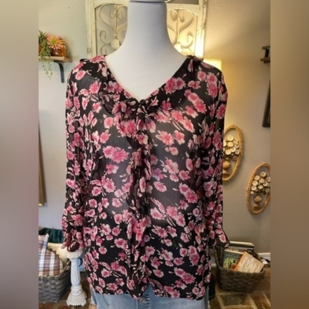 Notations Women’s Sheer Floral Ruffle Collar Sheer Blouse